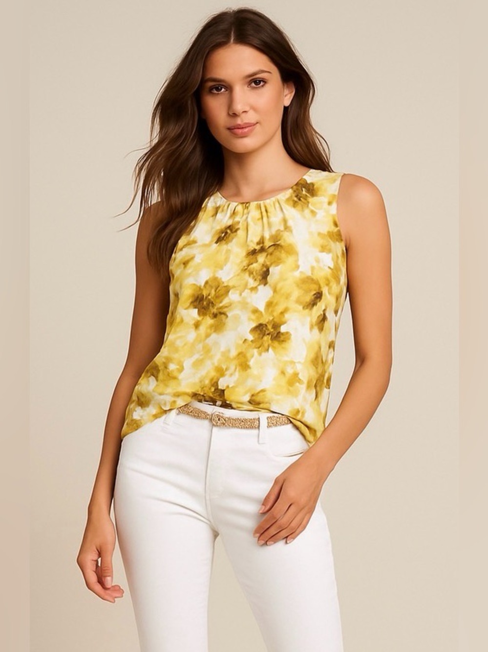 Calvin Klein Abstract Floral, Flowy Tank Blouse Top, White, Yellow, Tan, Size L